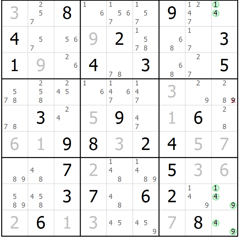 Position des candidats pour la solution de la Gr 84 page 87 du magazine de sudoku Virtuose n° 116