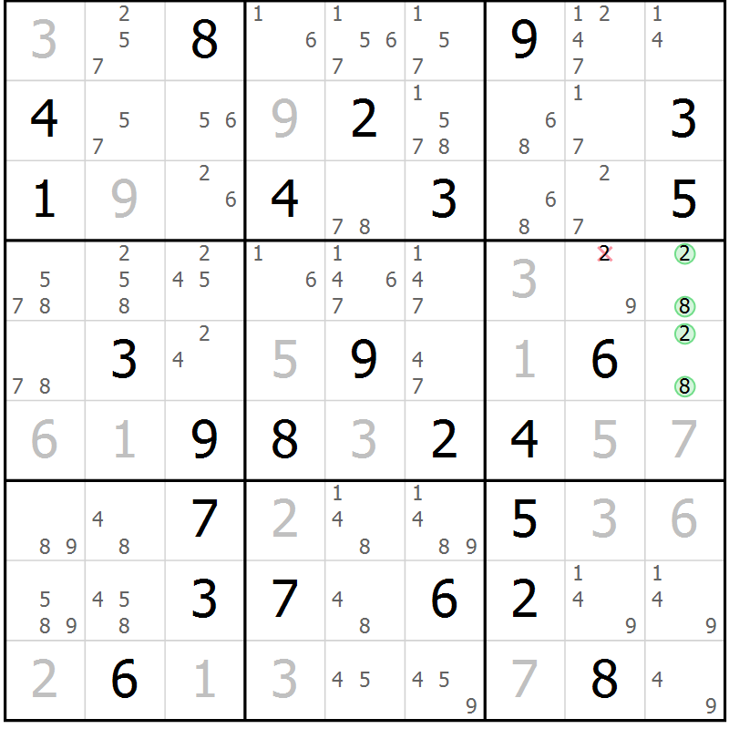 Position des candidats pour la solution de la Gr 84 page 87 du magazine de sudoku Virtuose n° 116