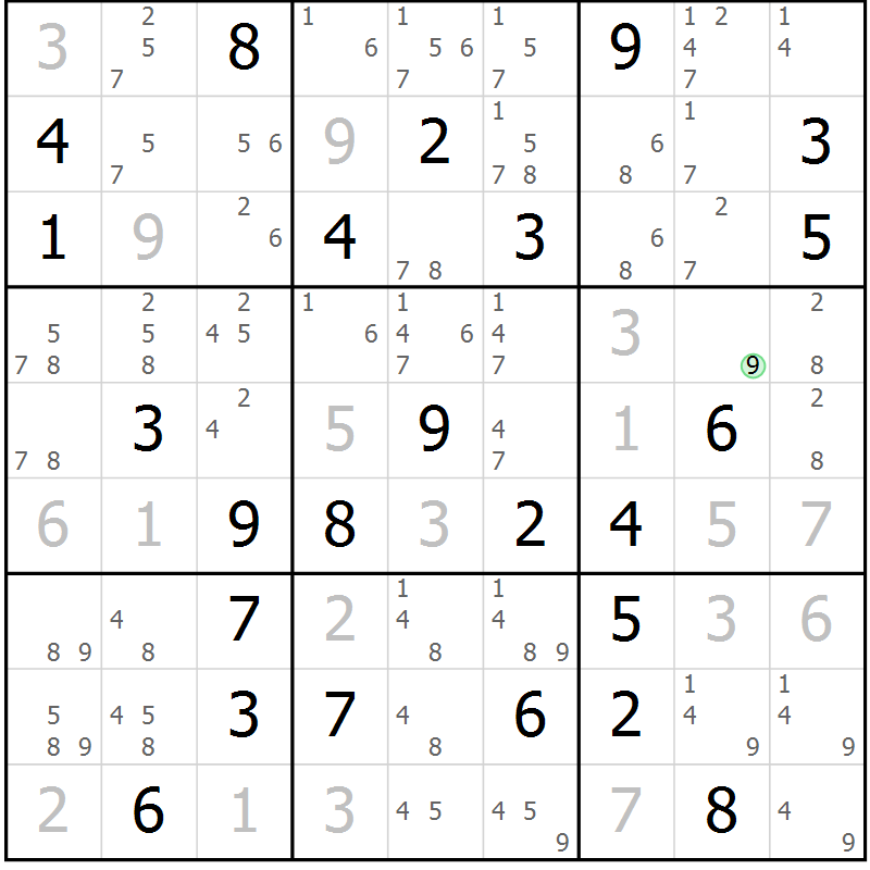 Position des candidats pour la solution de la Gr 84 page 87 du magazine de sudoku Virtuose n° 116