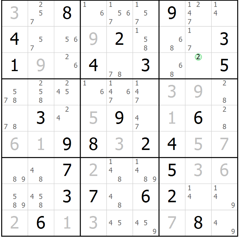 Position des candidats pour la solution de la Gr 84 page 87 du magazine de sudoku Virtuose n° 116
