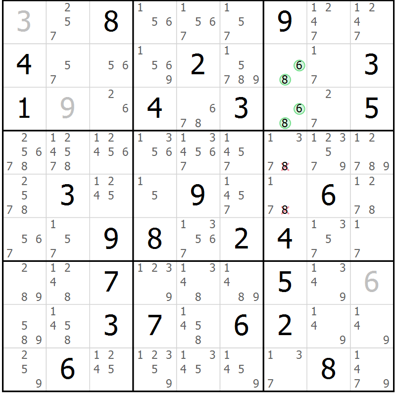 Position des candidats pour la solution de la Gr 84 page 87 du magazine de sudoku Virtuose n° 116