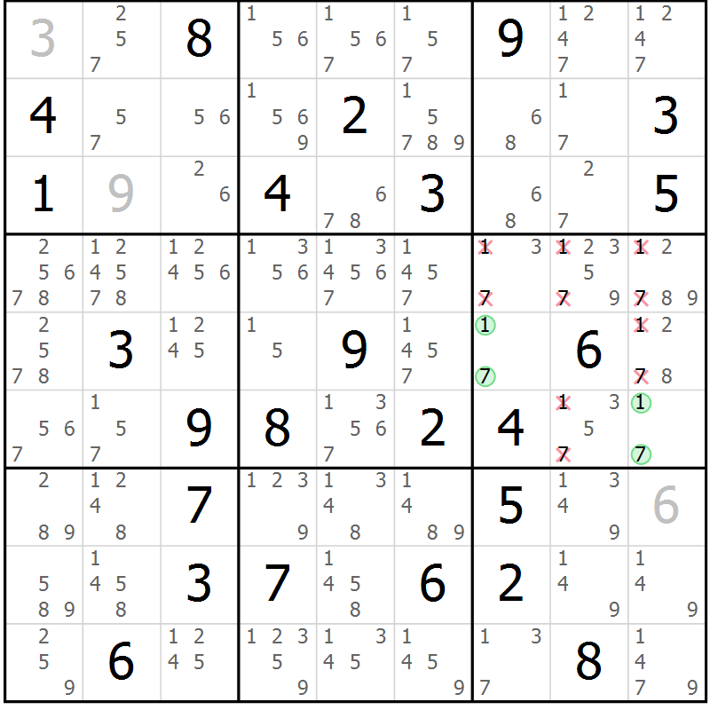 Position des candidats pour la solution de la Gr 84 page 87 du magazine de sudoku Virtuose n° 116