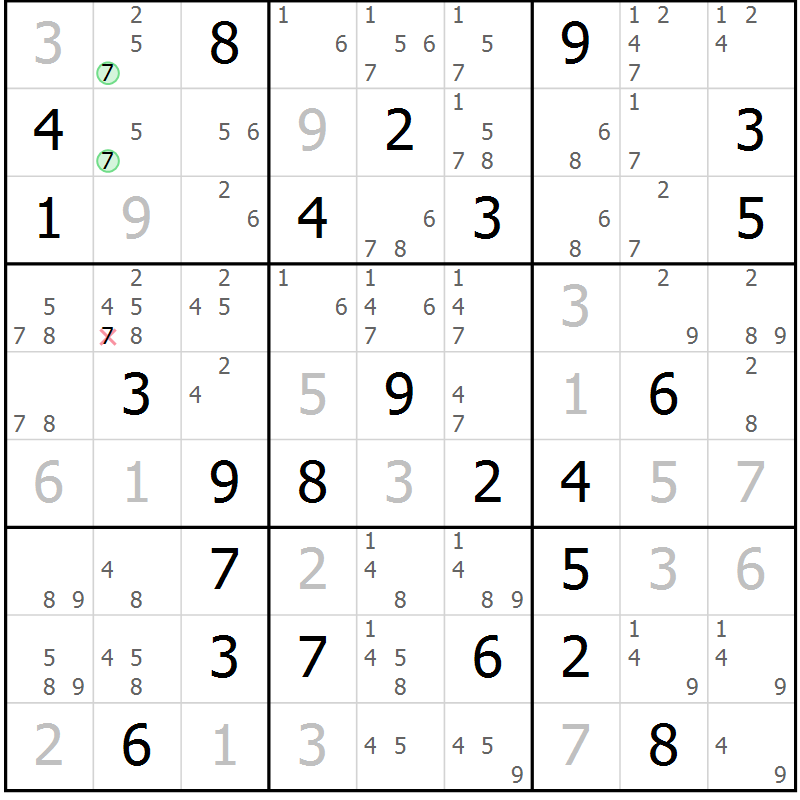 Position des candidats pour la solution de la Gr 84 page 87 du magazine de sudoku Virtuose n° 116
