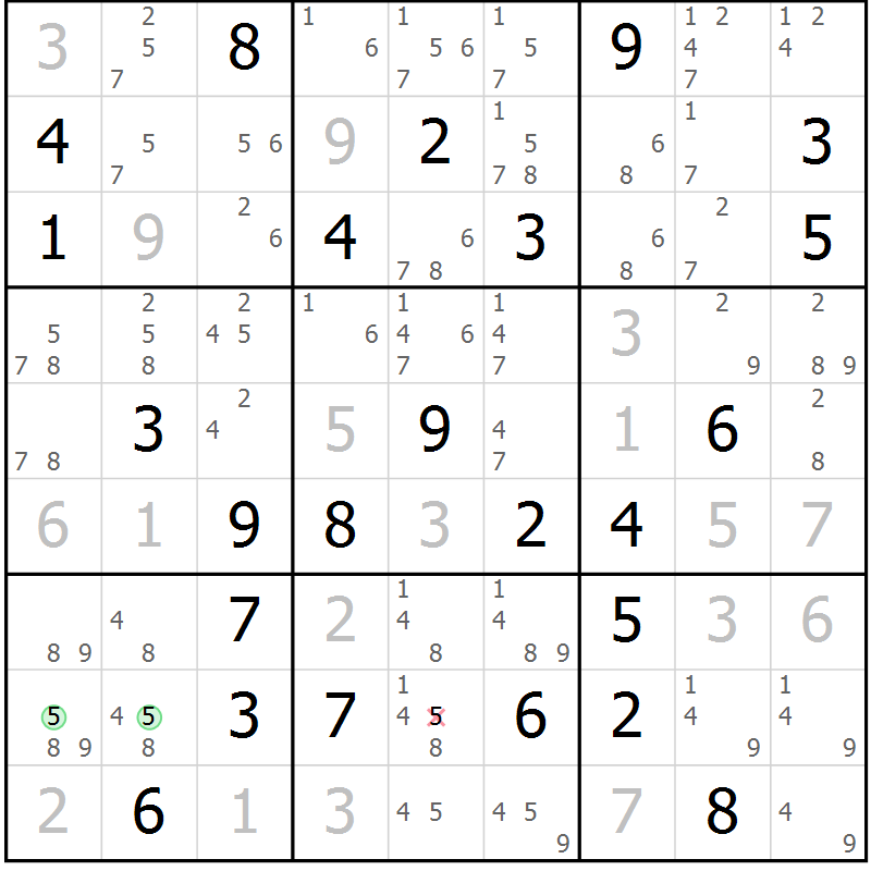 Position des candidats pour la solution de la Gr 84 page 87 du magazine de sudoku Virtuose n° 116
