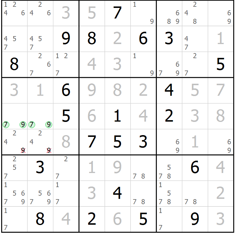 Position des candidats pour la solution de la Gr 9 page 12 du magazine de sudoku Virtuose n° 116