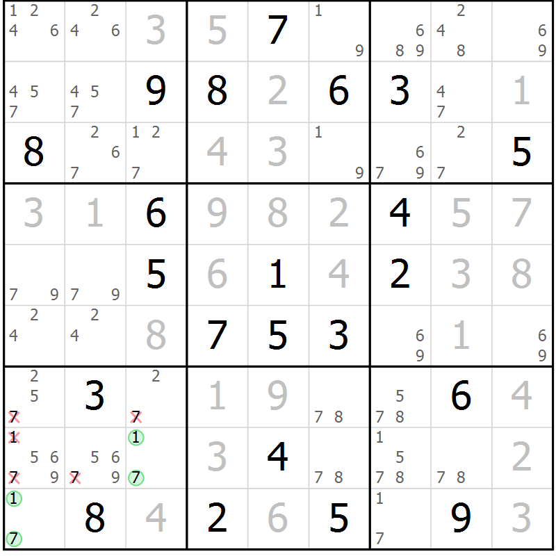Position des candidats pour la solution de la Gr 9 page 12 du magazine de sudoku Virtuose n° 116