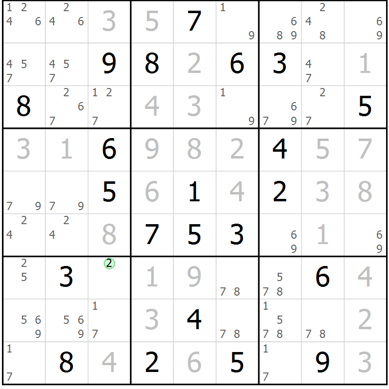 Position des candidats pour la solution de la Gr 9 page 12 du magazine de sudoku Virtuose n° 116