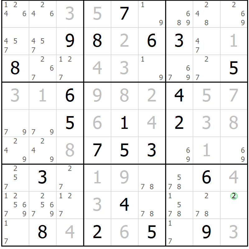 Position des candidats pour la solution de la Gr 9 page 12 du magazine de sudoku Virtuose n° 116