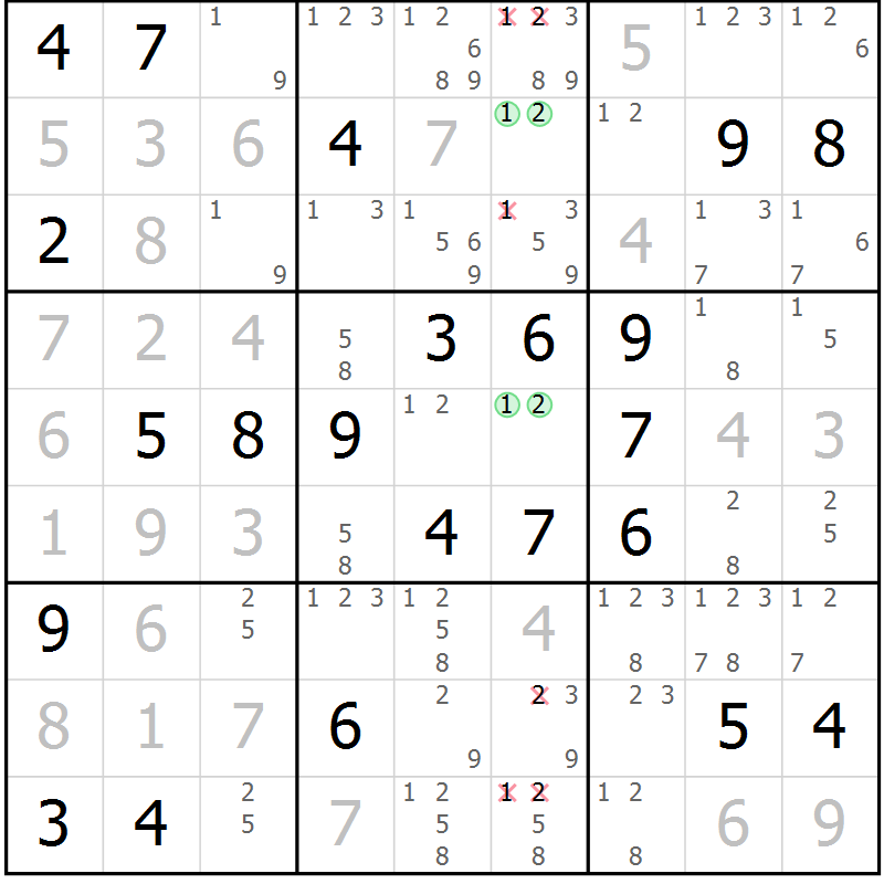 Position des candidats pour la solution de la Gr 1 page 4 du magazine de sudoku Virtuose n° 117