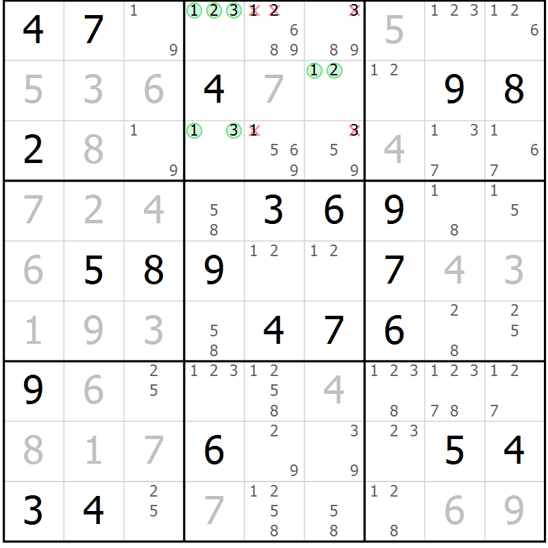 Position des candidats pour la solution de la Gr 1 page 4 du magazine de sudoku Virtuose n° 117