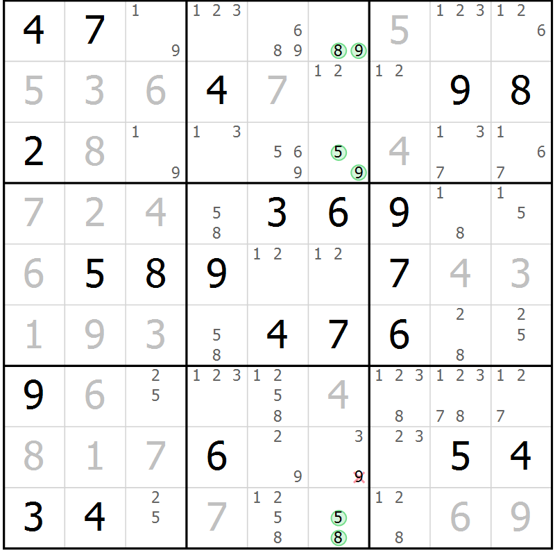 Position des candidats pour la solution de la Gr 1 page 4 du magazine de sudoku Virtuose n° 117