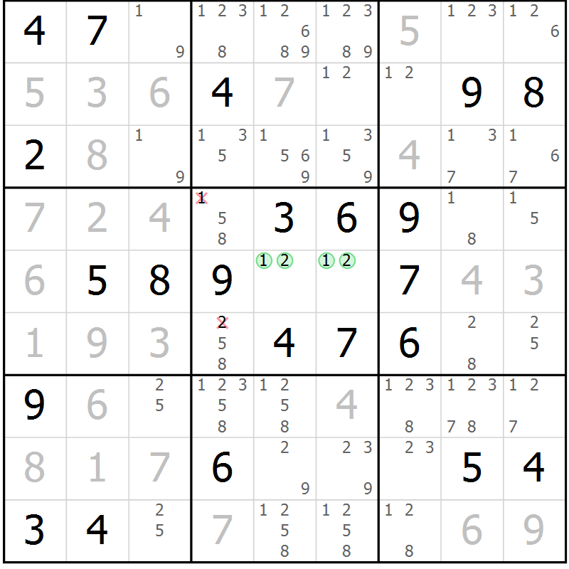Position des candidats pour la solution de la Gr 1 page 4 du magazine de sudoku Virtuose n° 117