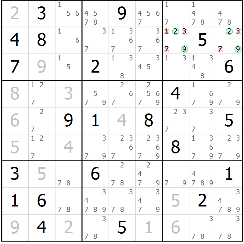Position des candidats pour la solution de la Gr 10 page 13 du magazine de sudoku Virtuose n° 117