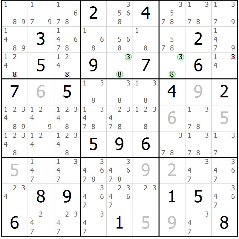 Position des candidats pour la solution de la Gr 11 page 14 du magazine de sudoku Virtuose n° 117