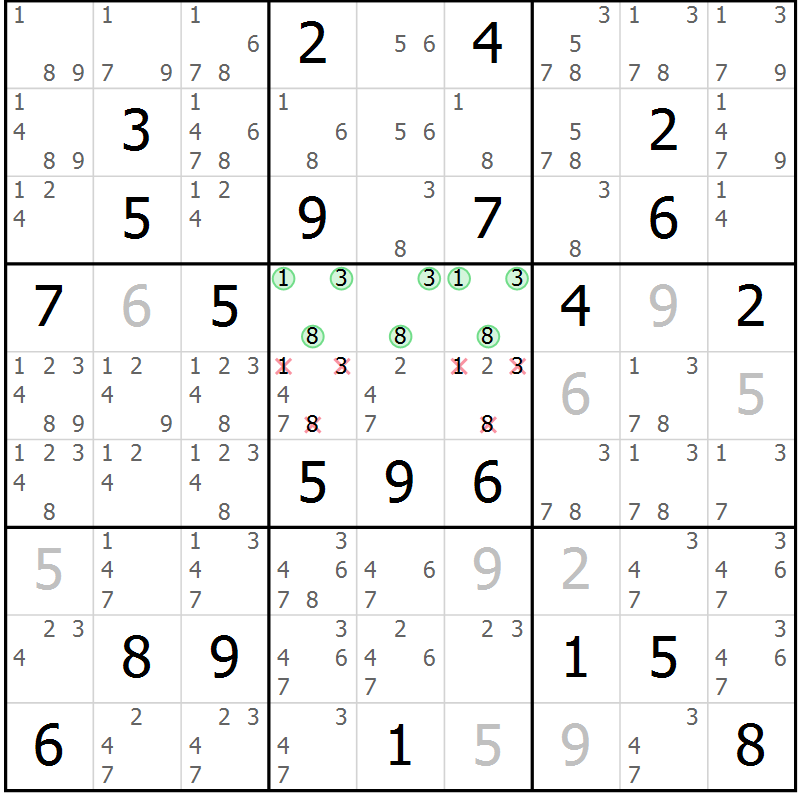 Position des candidats pour la solution de la Gr 11 page 14 du magazine de sudoku Virtuose n° 117
