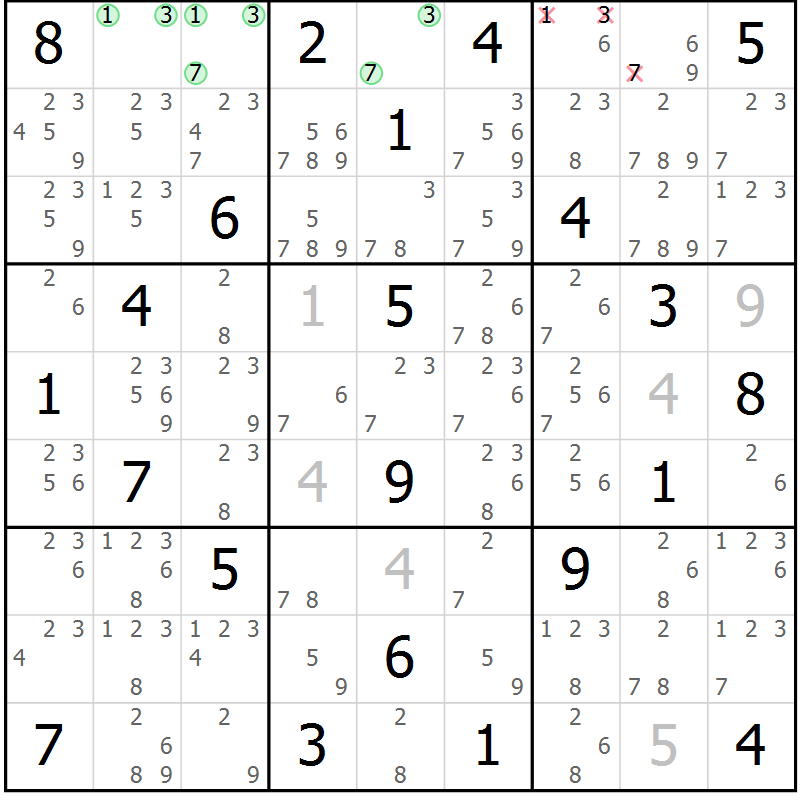 Position des candidats pour la solution de la Gr 12 page 15 du magazine de sudoku Virtuose n° 117