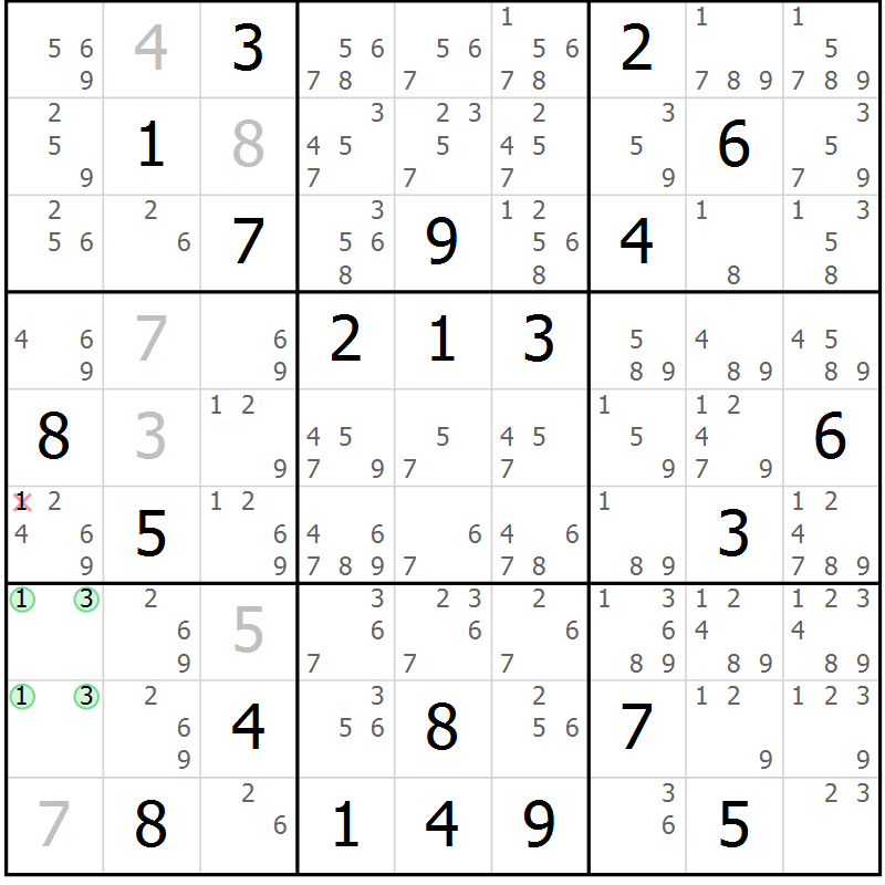 Position des candidats pour la solution de la Gr 14 page 17 du magazine de sudoku Virtuose n° 117
