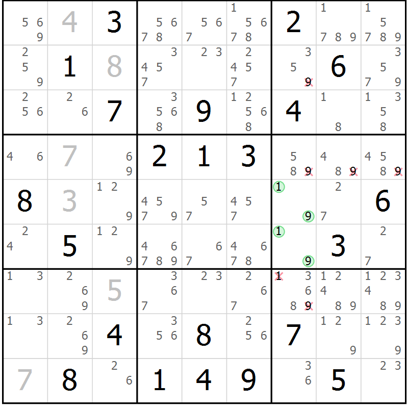 Position des candidats pour la solution de la Gr 14 page 17 du magazine de sudoku Virtuose n° 117