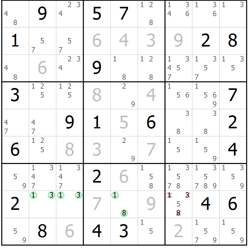Position des candidats pour la solution de la Gr 15 page 18 du magazine de sudoku Virtuose n° 117