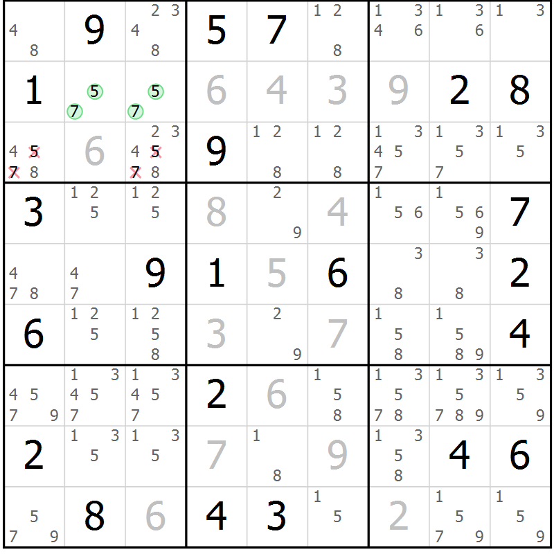 Position des candidats pour la solution de la Gr 15 page 18 du magazine de sudoku Virtuose n° 117