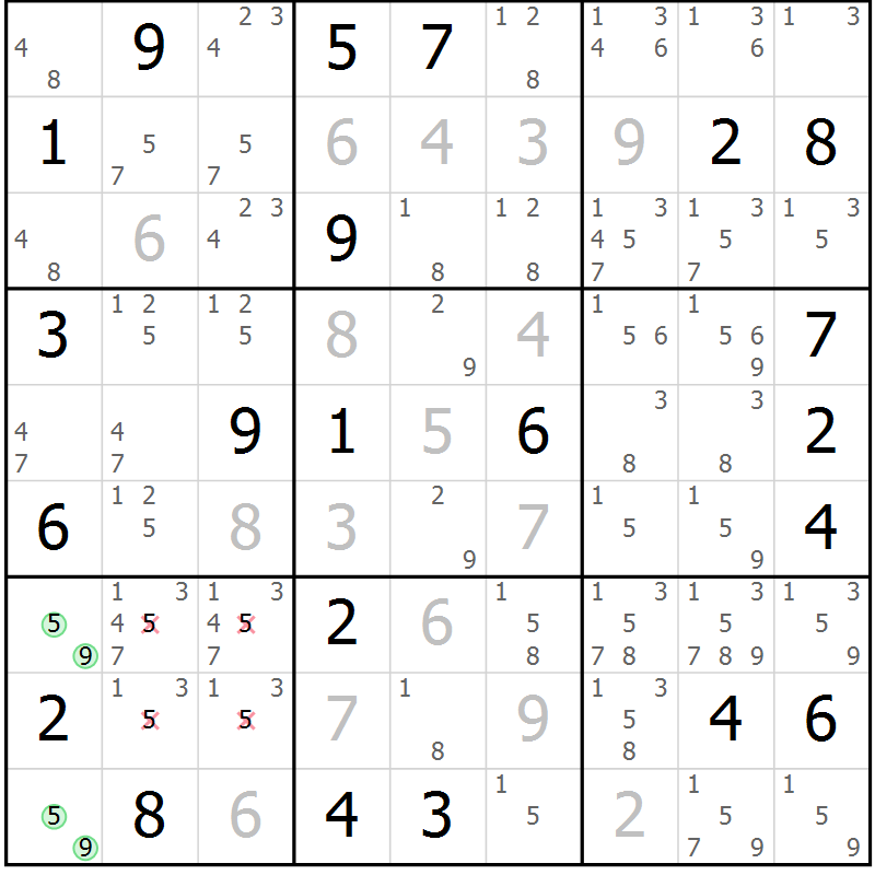 Position des candidats pour la solution de la Gr 15 page 18 du magazine de sudoku Virtuose n° 117