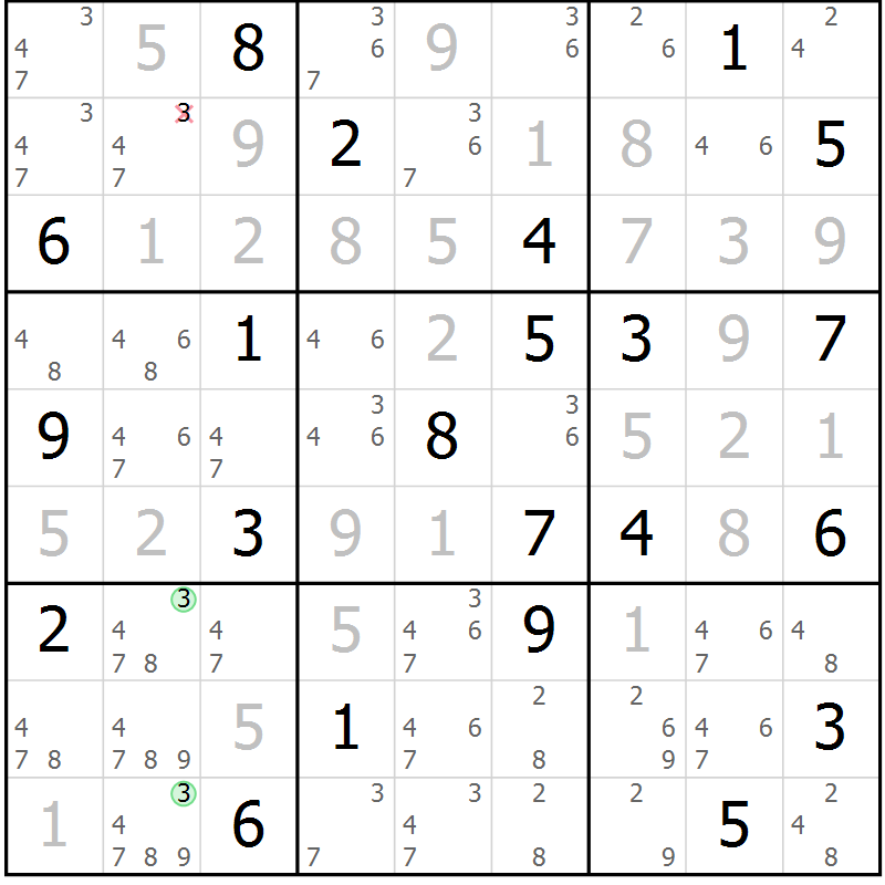 Position des candidats pour la solution de la Gr 17 page 20 du magazine de sudoku Virtuose n° 117