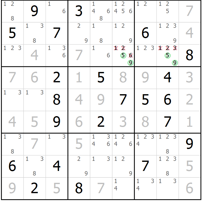 Position des candidats pour la solution de la Gr 18 page 21 du magazine de sudoku Virtuose n° 117
