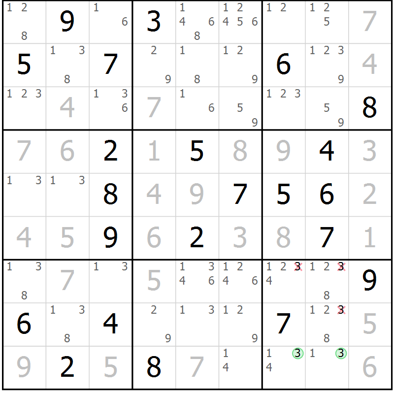 Position des candidats pour la solution de la Gr 18 page 21 du magazine de sudoku Virtuose n° 117