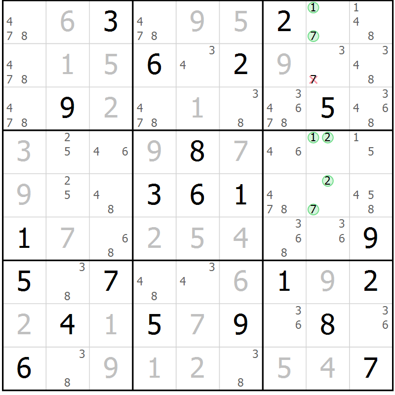 Position des candidats pour la solution de la Gr 2 page 5 du magazine de sudoku Virtuose n° 117