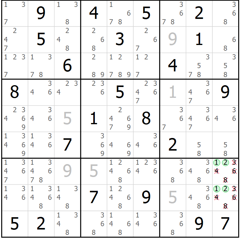Position des candidats pour la solution de la Gr 20 page 23 du magazine de sudoku Virtuose n° 117