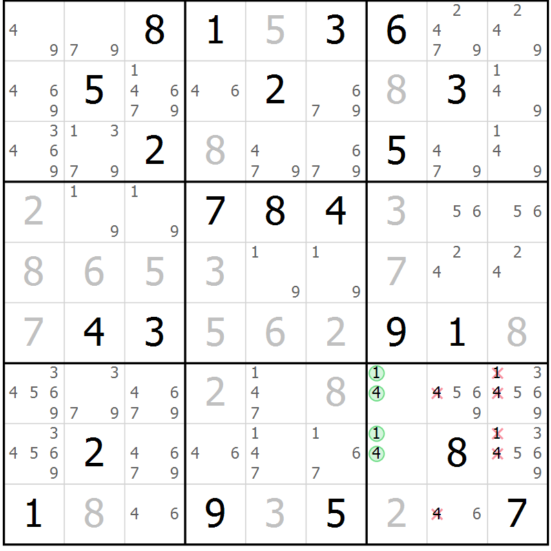 Position des candidats pour la solution de la Gr 21 page 24 du magazine de sudoku Virtuose n° 117