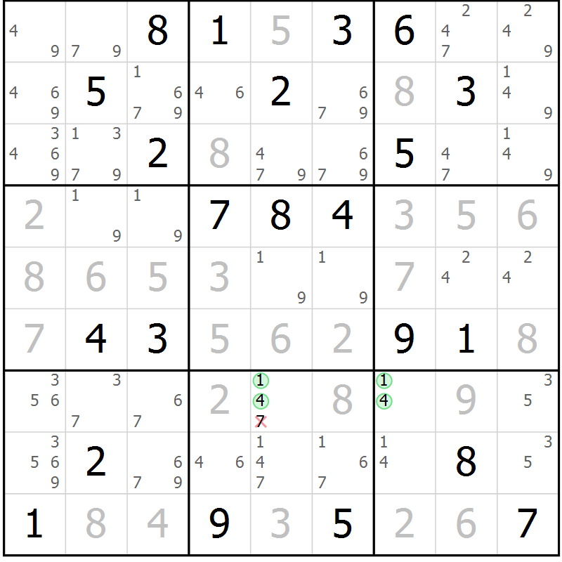 Position des candidats pour la solution de la Gr 21 page 24 du magazine de sudoku Virtuose n° 117