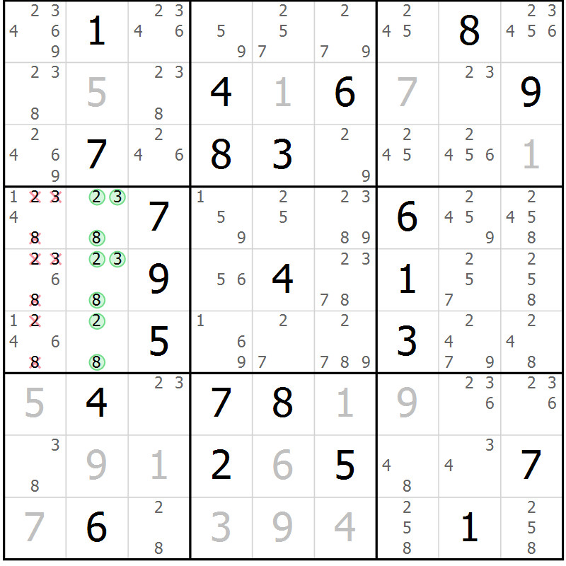 Position des candidats pour la solution de la Gr 23 page 26 du magazine de sudoku Virtuose n° 117