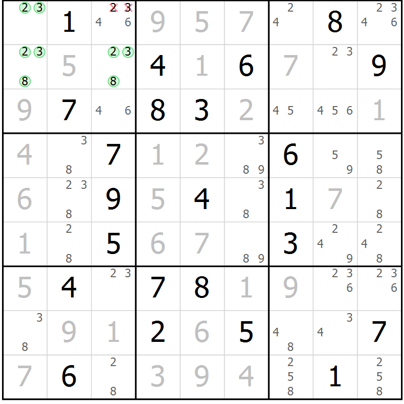 Position des candidats pour la solution de la Gr 23 page 26 du magazine de sudoku Virtuose n° 117