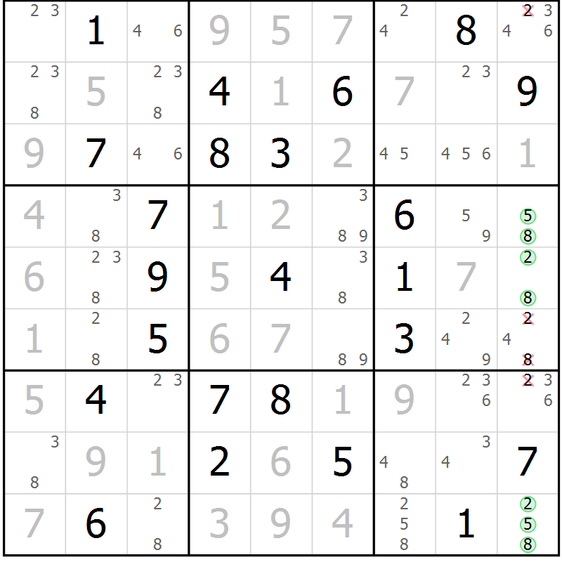 Position des candidats pour la solution de la Gr 23 page 26 du magazine de sudoku Virtuose n° 117