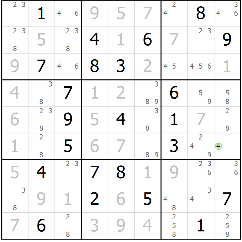 Position des candidats pour la solution de la Gr 23 page 26 du magazine de sudoku Virtuose n° 117