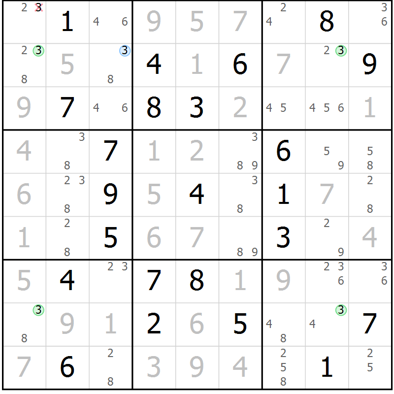 Position des candidats pour la solution de la Gr 23 page 26 du magazine de sudoku Virtuose n° 117