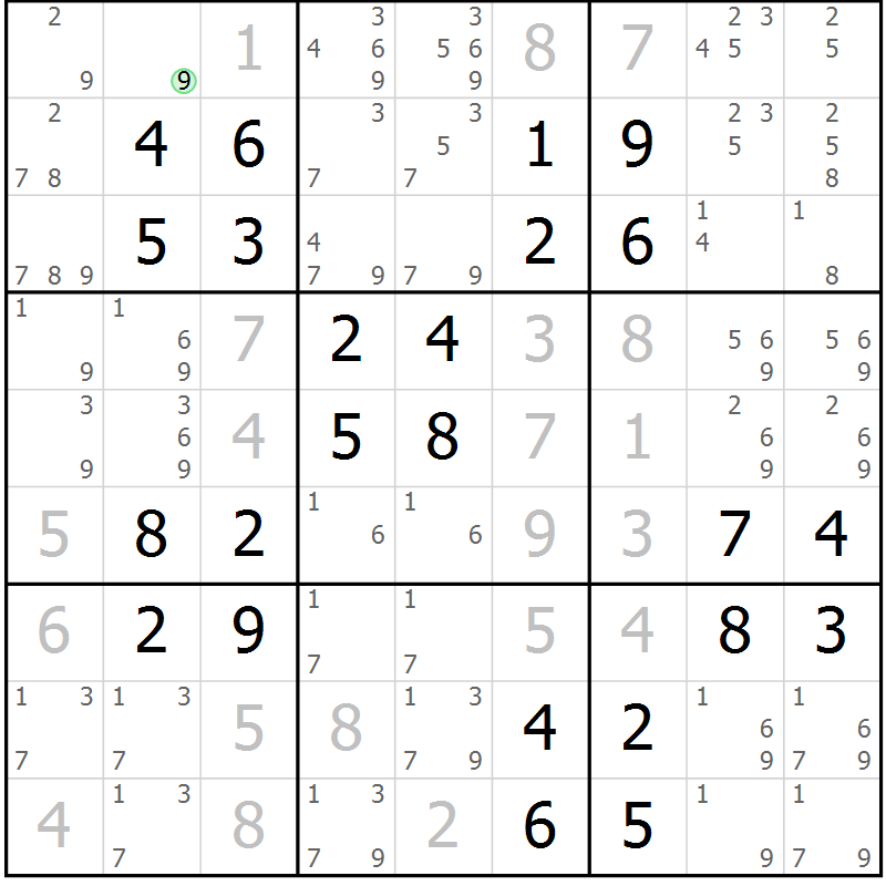 Position des candidats pour la solution de la Gr 25 page 28 du magazine de sudoku Virtuose n° 117