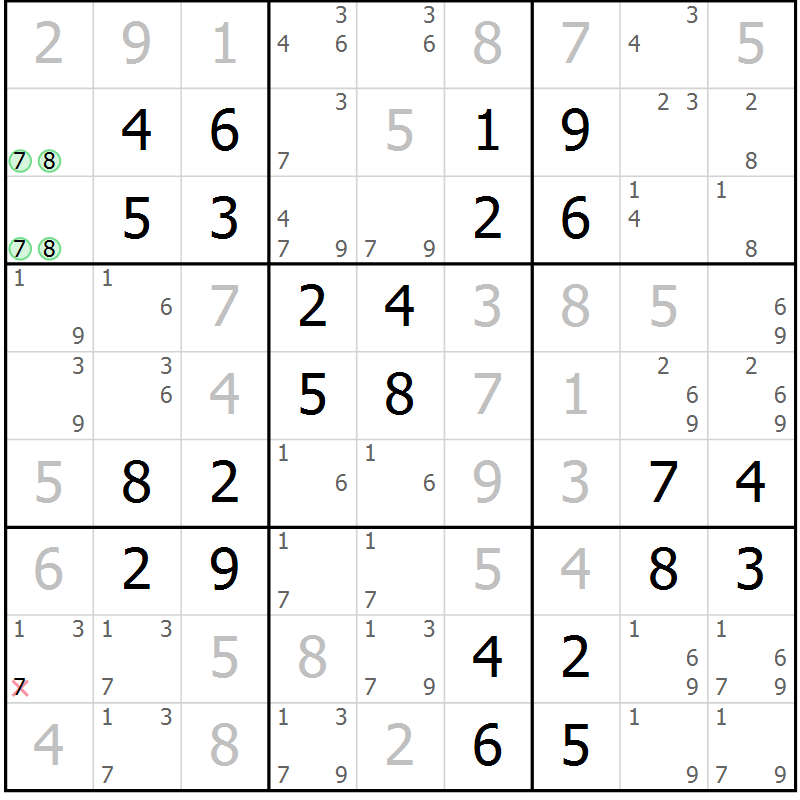 Position des candidats pour la solution de la Gr 25 page 28 du magazine de sudoku Virtuose n° 117