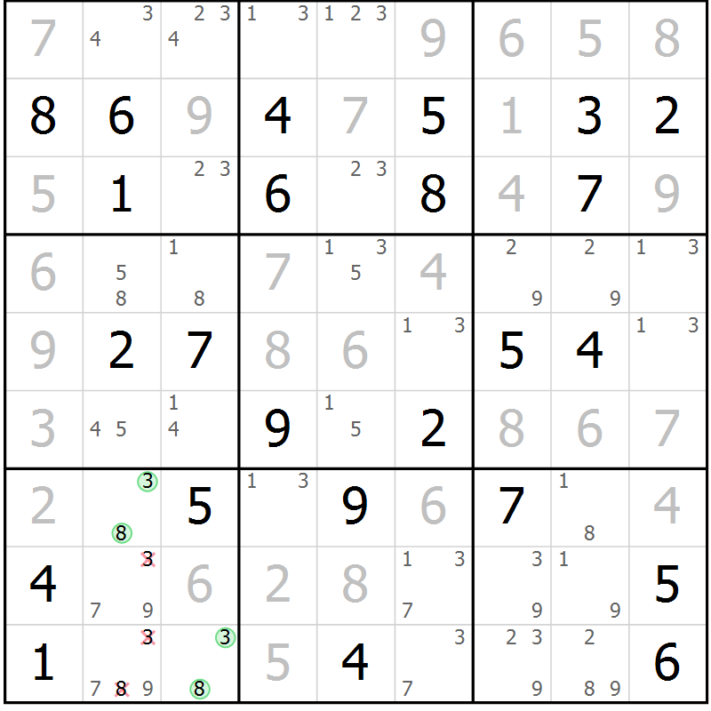 Position des candidats pour la solution de la Gr 27 page 30 du magazine de sudoku Virtuose n° 117