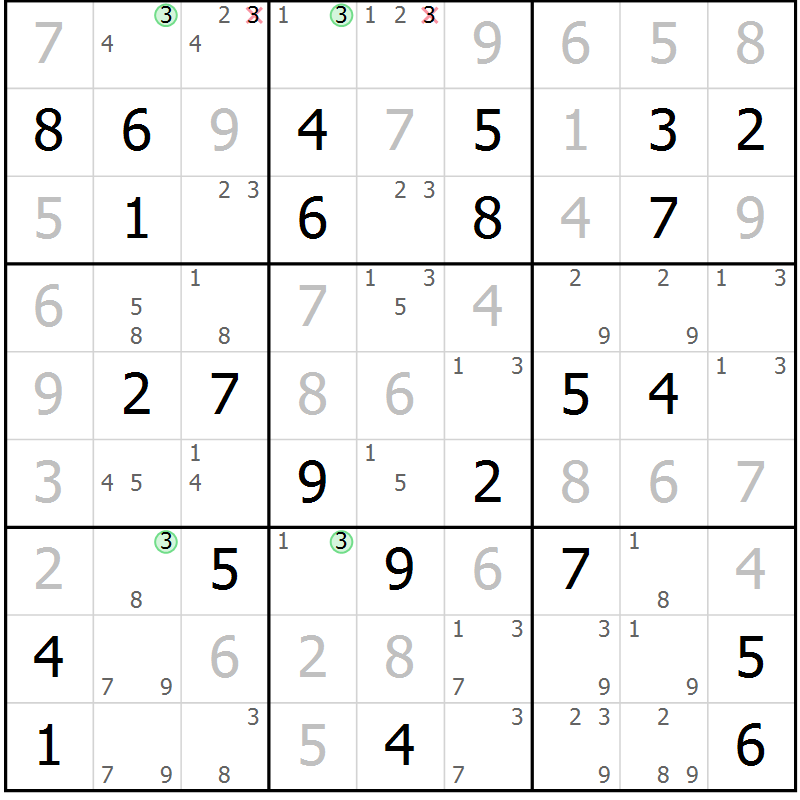 Position des candidats pour la solution de la Gr 27 page 30 du magazine de sudoku Virtuose n° 117