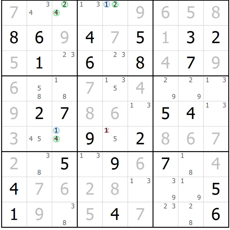 Position des candidats pour la solution de la Gr 27 page 30 du magazine de sudoku Virtuose n° 117