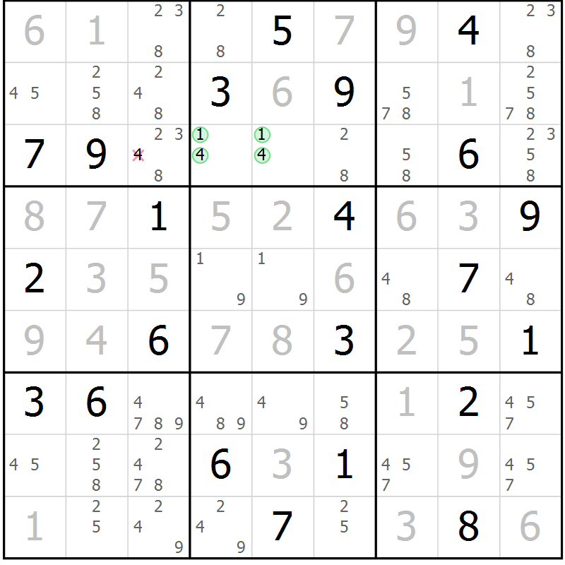 Position des candidats pour la solution de la Gr 3 page 6 du magazine de sudoku Virtuose n° 117