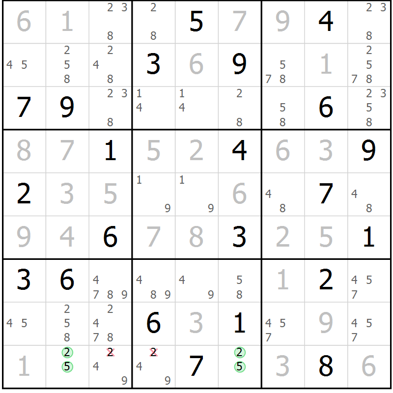 Position des candidats pour la solution de la Gr 3 page 6 du magazine de sudoku Virtuose n° 117