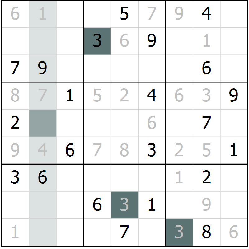 Position des candidats pour la solution de la Gr 3 page 6 du magazine de sudoku Virtuose n° 117