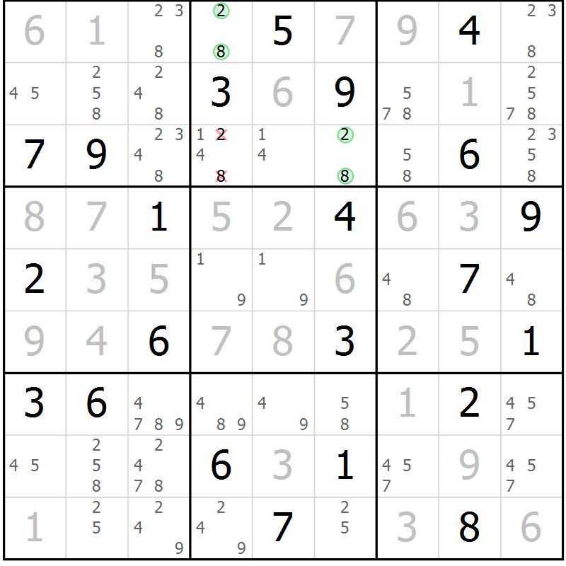 Position des candidats pour la solution de la Gr 3 page 6 du magazine de sudoku Virtuose n° 117