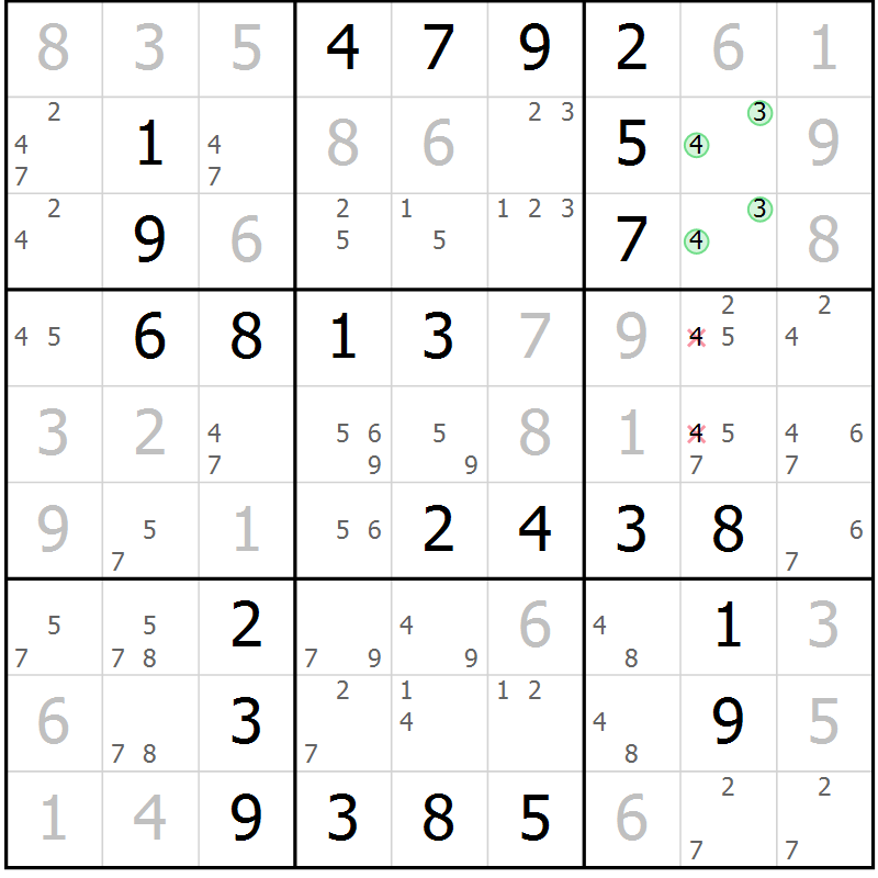 Position des candidats pour la solution de la Gr 33 page 36 du magazine de sudoku Virtuose n° 117