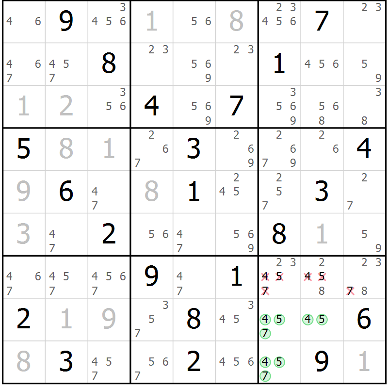 Position des candidats pour la solution de la Gr 40 page 43 du magazine de sudoku Virtuose n° 117