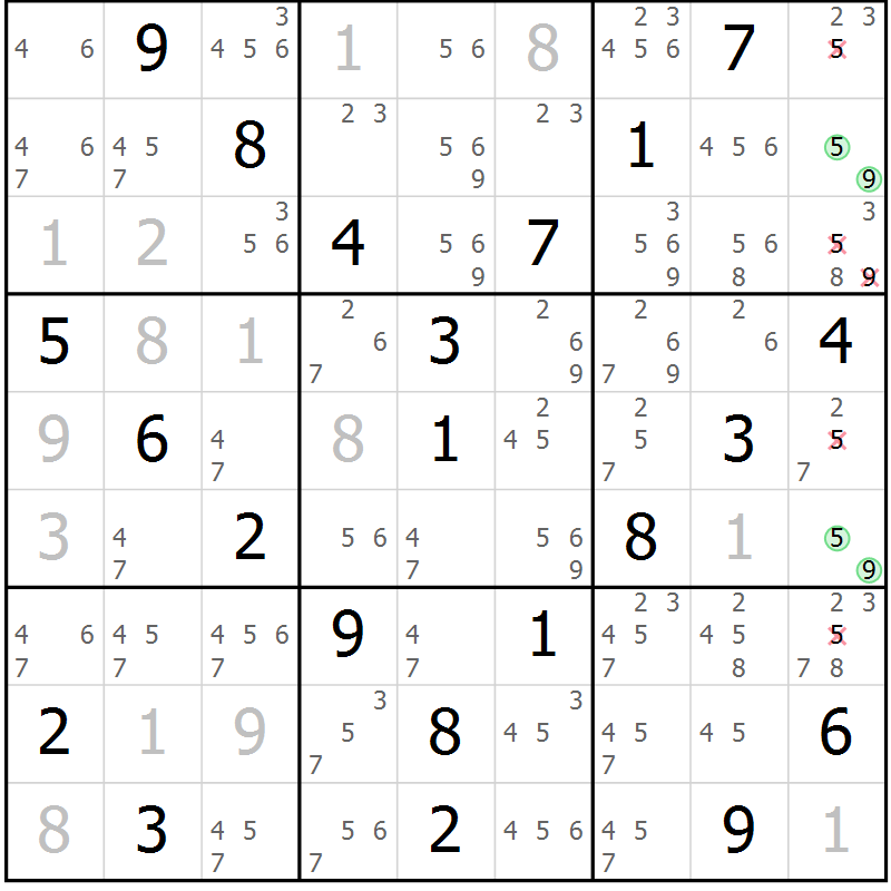 Position des candidats pour la solution de la Gr 40 page 43 du magazine de sudoku Virtuose n° 117