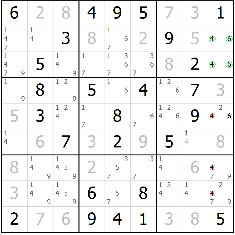 Position des candidats pour la solution de la Gr 42 page 45 du magazine de sudoku Virtuose n° 117